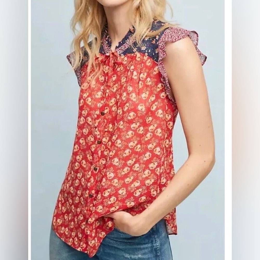 Anthropologie Meadow Rue Floral Flutter Sleeve Prairie Blouse Size 0P Boho
